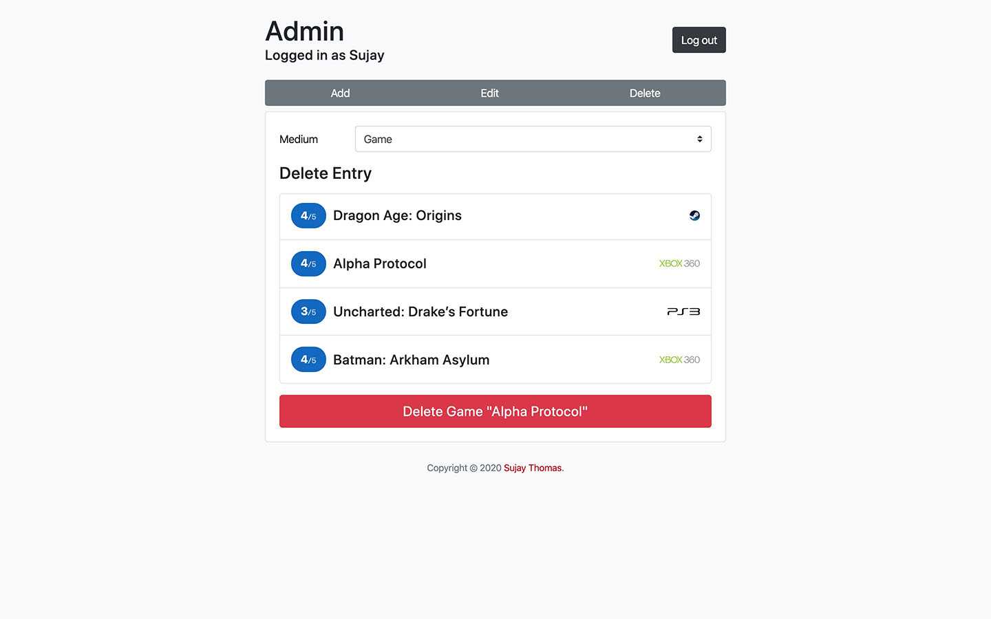 Delete Entry Administration Page